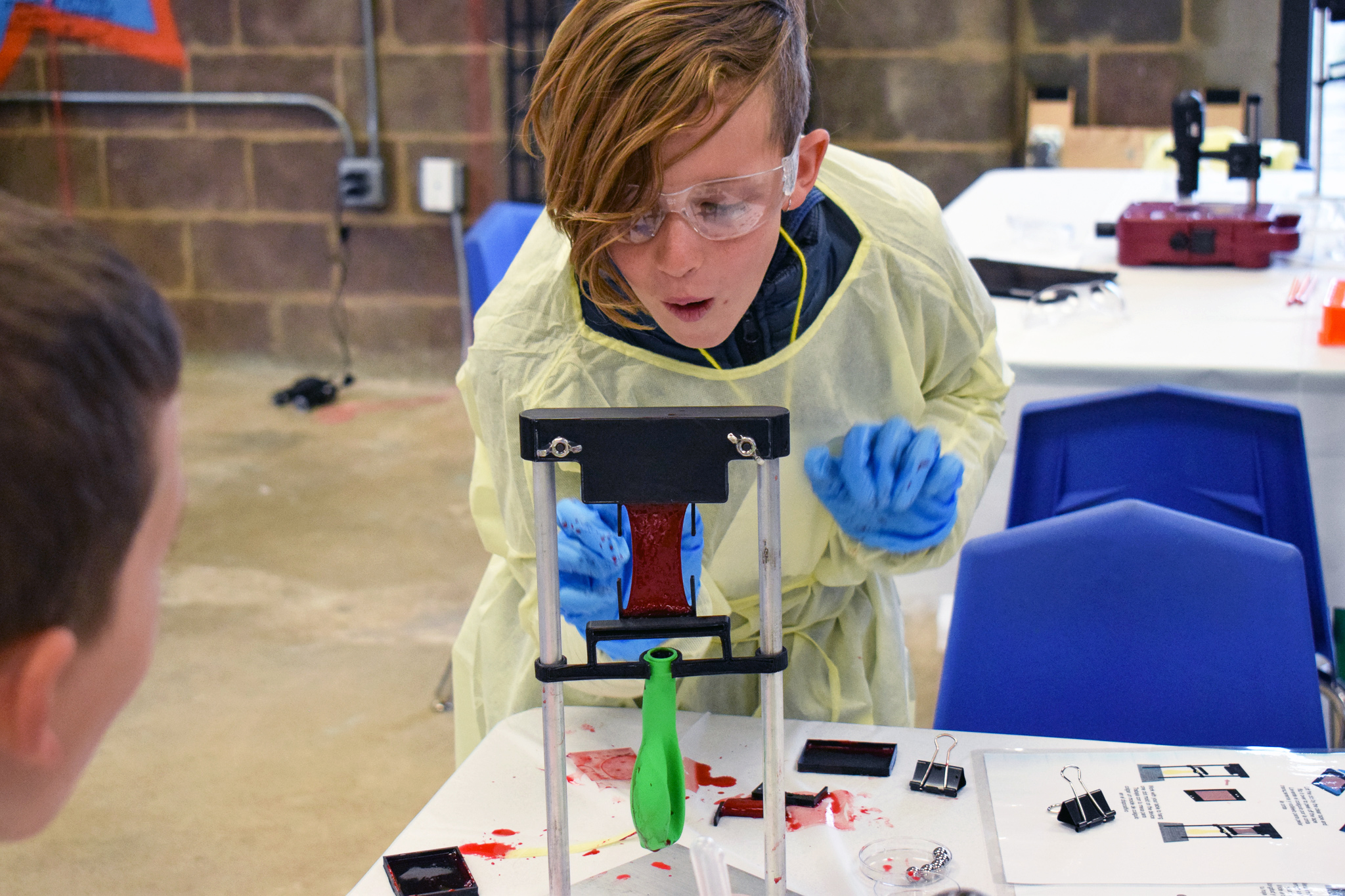 photo of student looking at mechanics of blood clot on experimental device