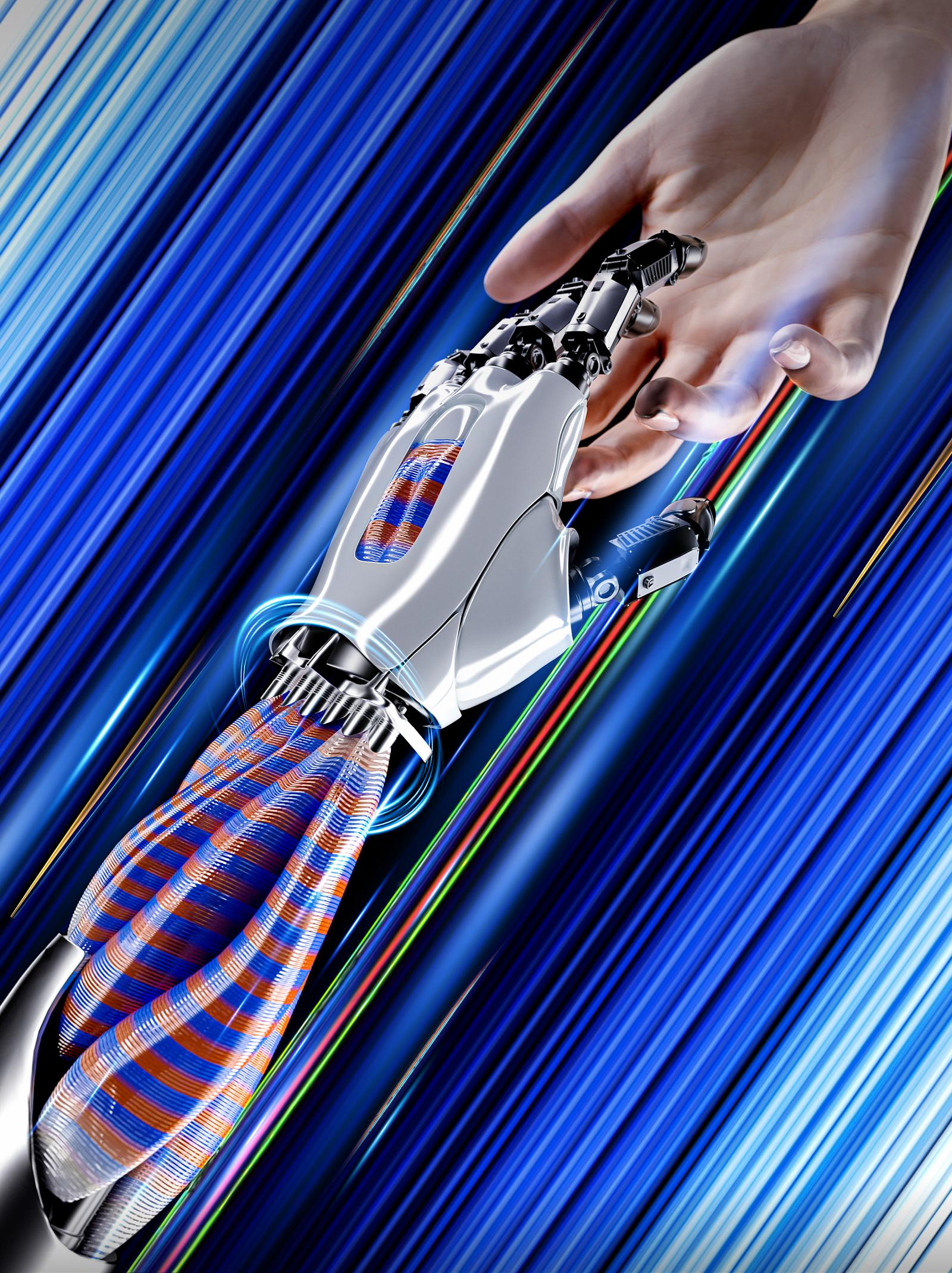 image of fiber muscles robotic hand next to human hand