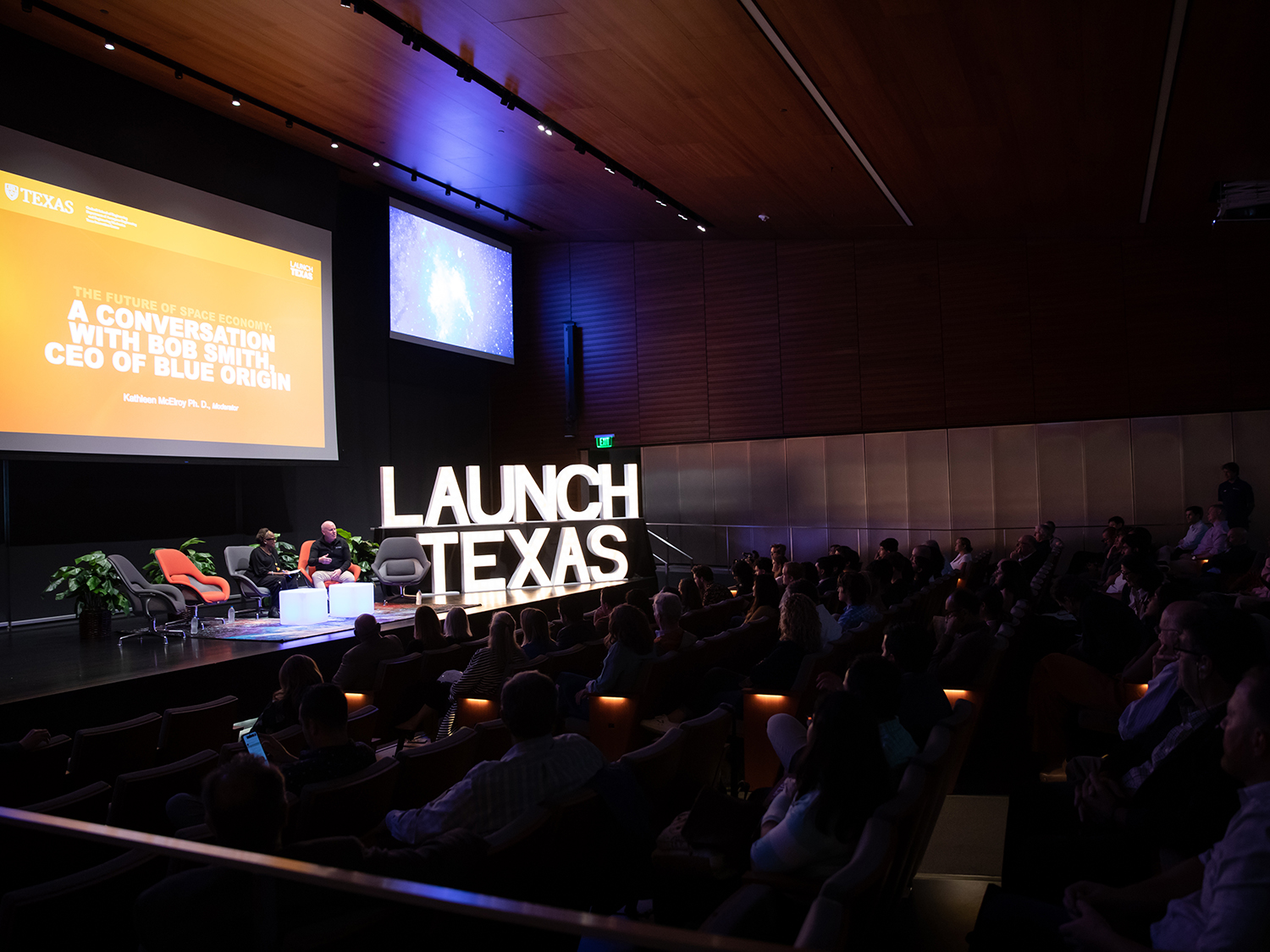 Bob Smith and Kathleen McElroy on stage at Launch Texas
