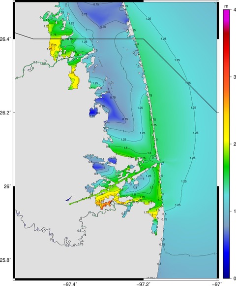 A zoomed-in flood model map of the Texas Rio Grande Valley with sand dunes removed.