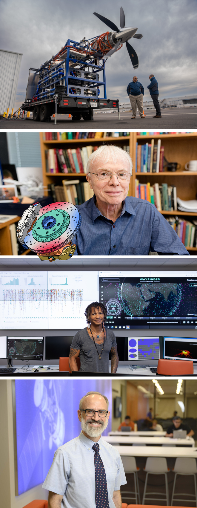 J.P. Clarke with hydrogen aircraft; Tom Hughes with Coreform visualization; Moriba Jah in vis lab, Jeff Bennighof in ASE