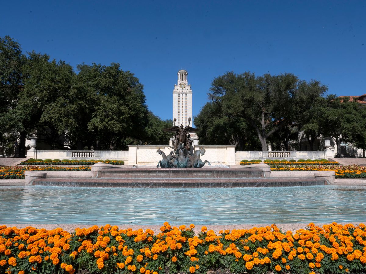 UT Tower behind water feature and marigolds.