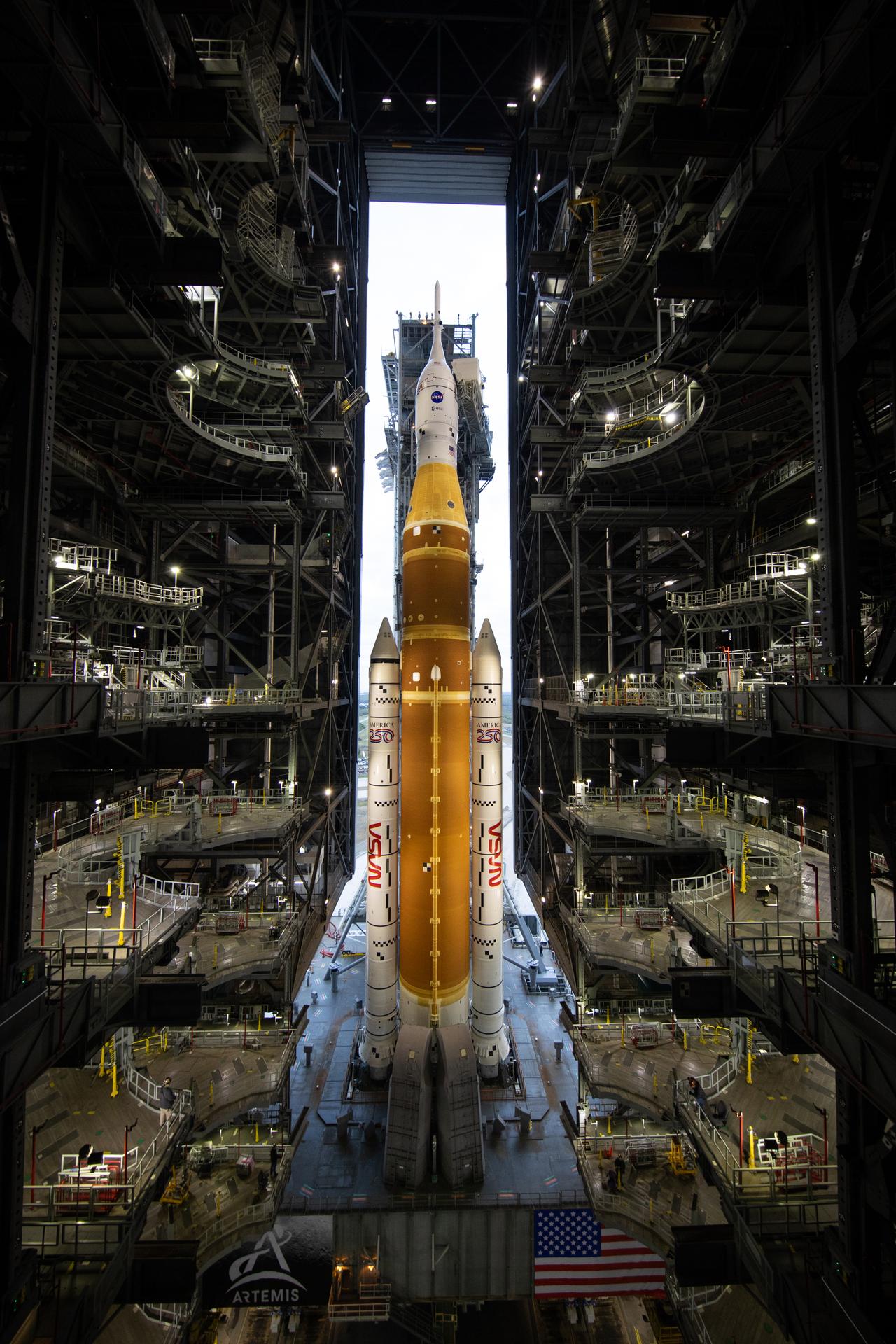 NASA’s Space Launch System (SLS) rocket and Orion spacecraft, secured to the mobile launcher.