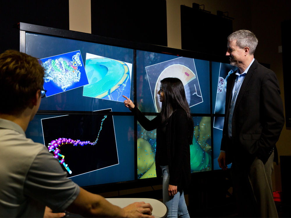 Woman points at monitor while man looks over her shoulder smiling.